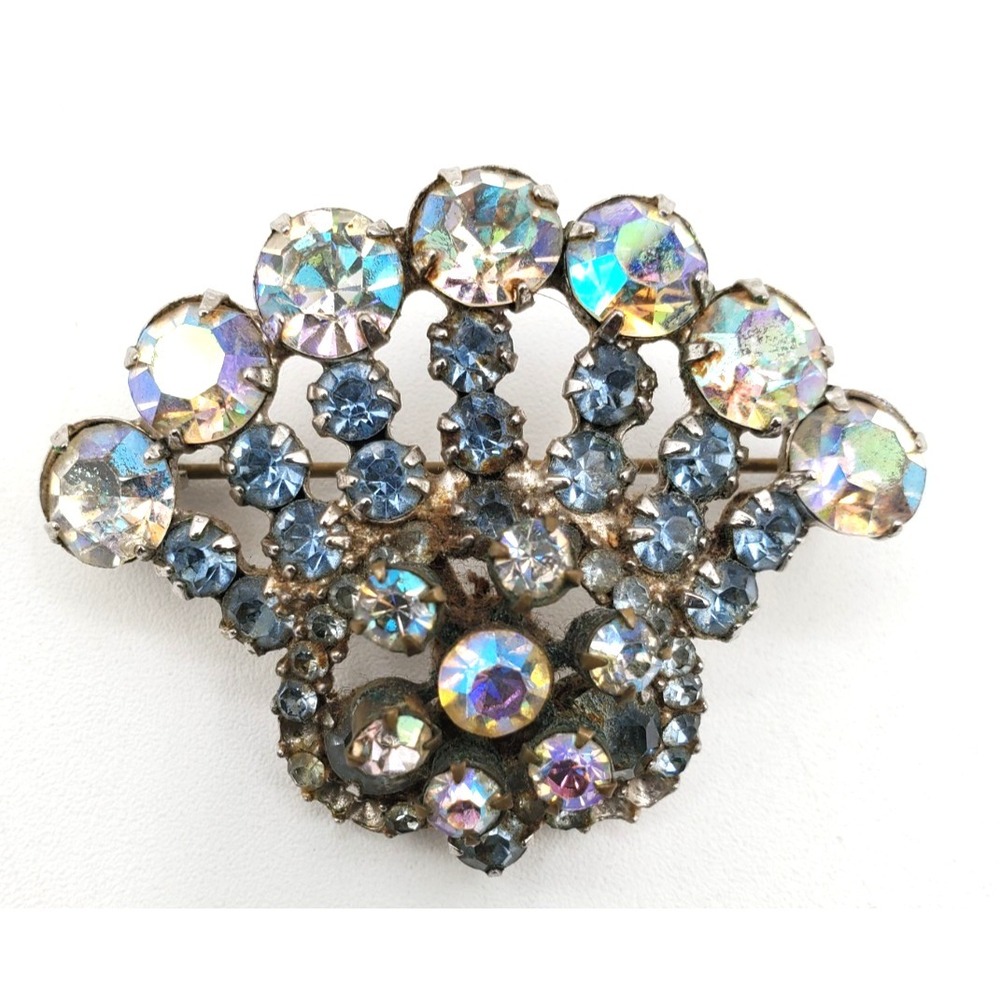 Vintage Pot Metal Fan Brooch AB Rhinestones Blue Crystal Silver Tone Pin